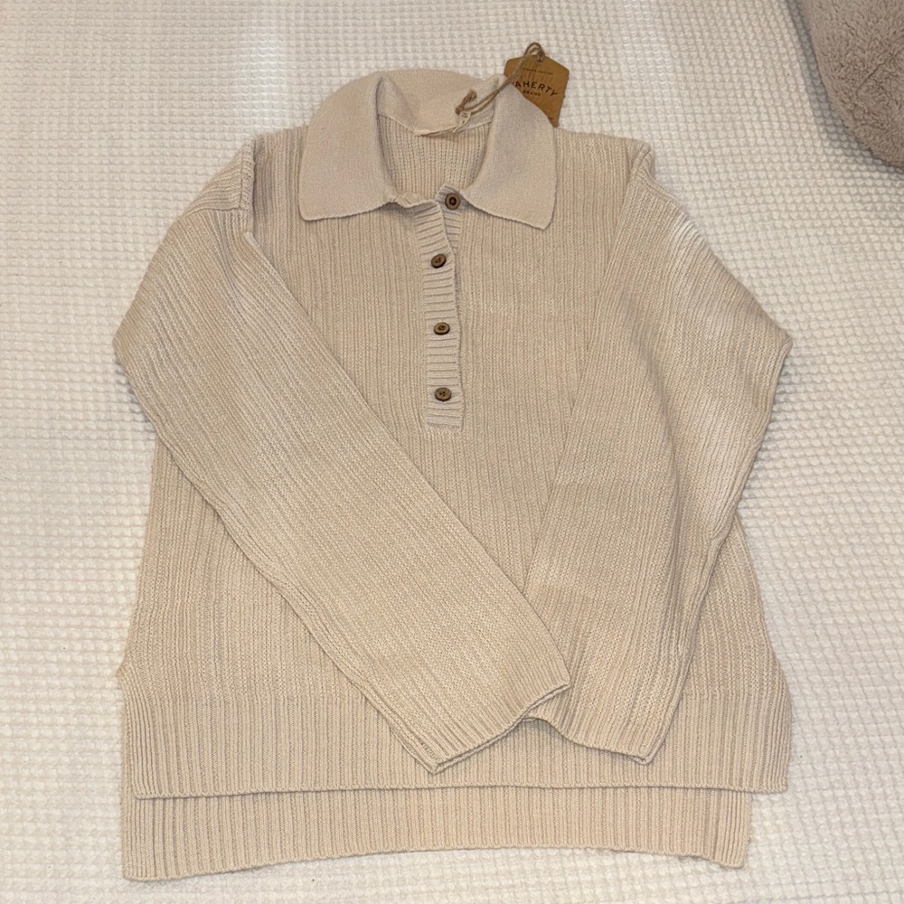 Faherty Beige Ribbed V-Neck Sweater - Picture 3 of 4